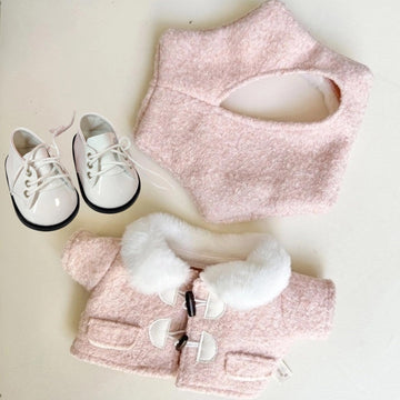 Compatible with Labubu - Fits 38cm Art Elegant Wool Blend Winter Outfit Set-Includes Fur-Trimmed Coat, 6-Panel Beret & Lace-Up Boots (Blush Pink)