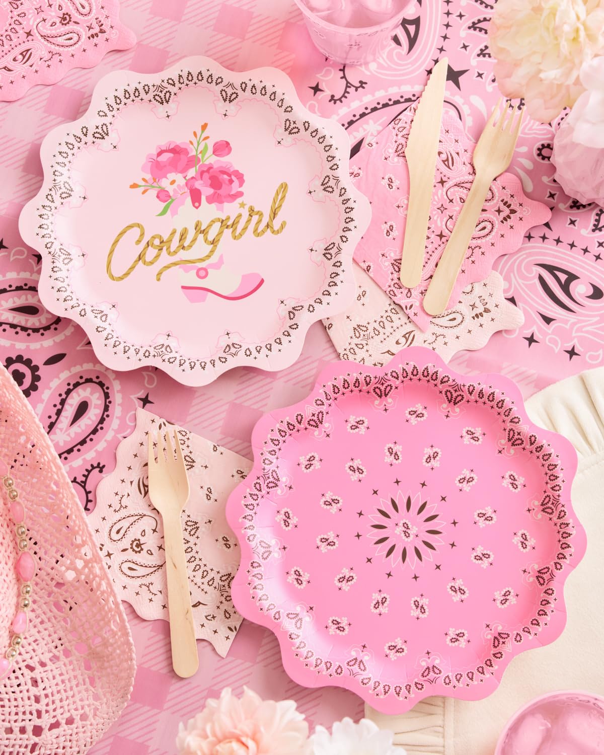 xo, Fetti Cowgirl Plates - 24 Paper Plates, 9" | Western Party, Cowgirl Theme, Bandana Birthday, Rodeo Bachelorette, Cowboy Decor, Pink, Gold Foil