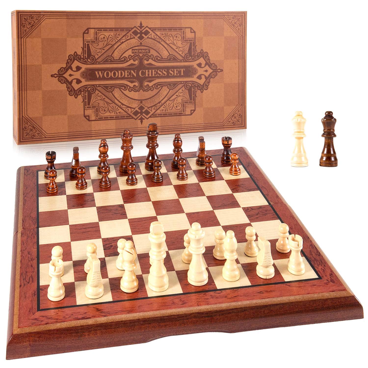 AMEROUS 15'' Magnetic Wooden Chess Set -Folding Board -2 Extra Queens -Chessmen Storage Slots -Gift Package, Travel Chess Board Game Sets for Kids