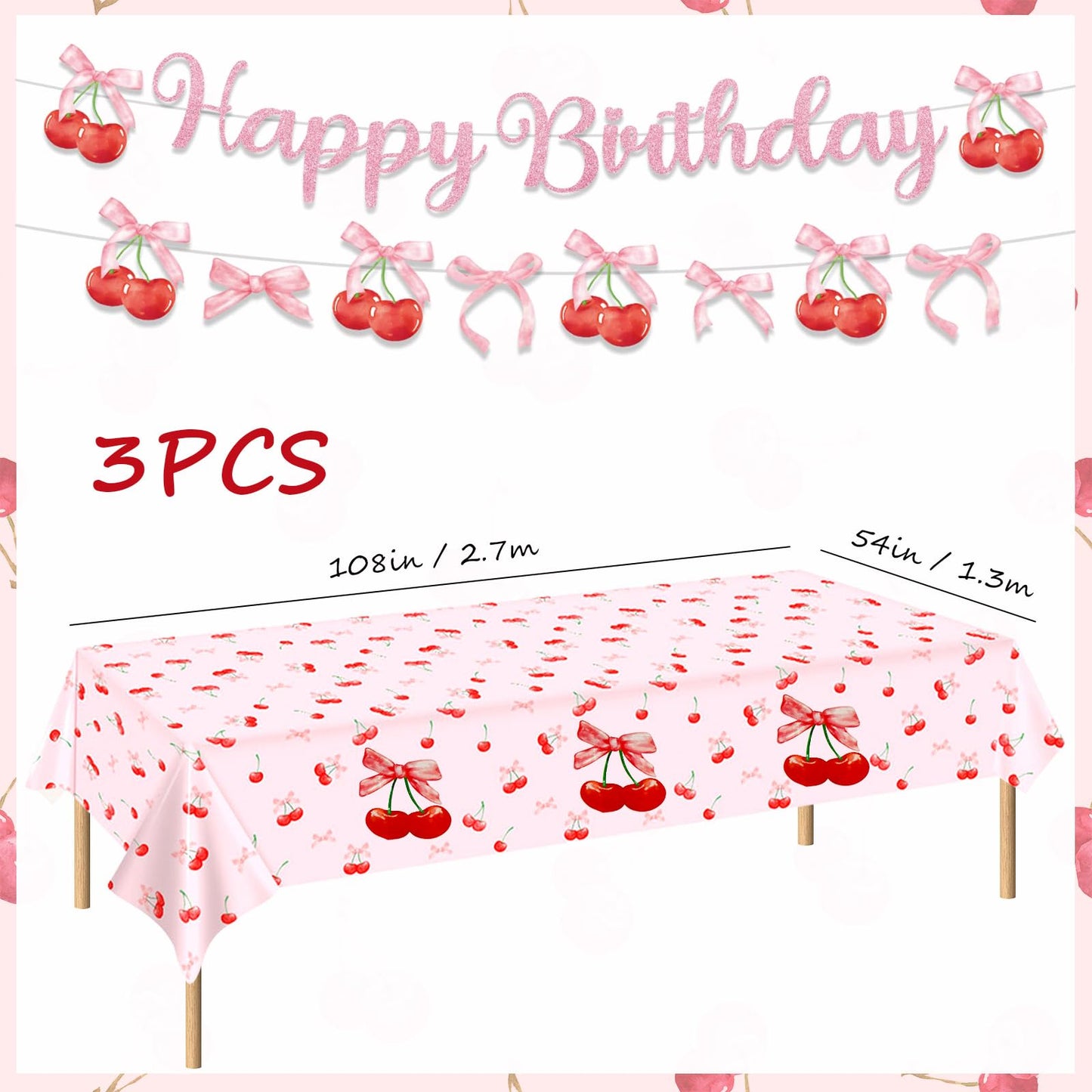 3Pcs Cherry Birthday Decorations Tablecloths 54 x 108 Inch Waterproof Cherry Heart Table Cover Disposable Fruit Theme Party Supplies Table
