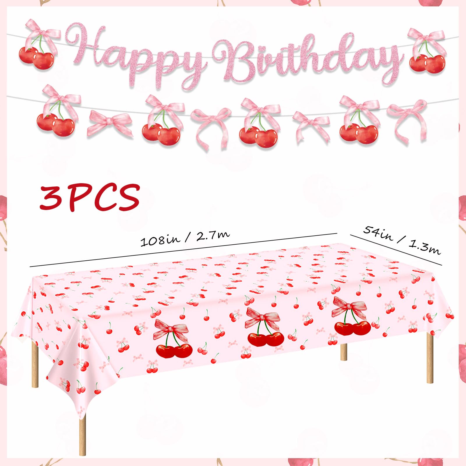 3Pcs Cherry Birthday Decorations Tablecloths 54 x 108 Inch Waterproof Cherry Heart Table Cover Disposable Fruit Theme Party Supplies Table