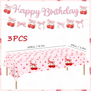 3Pcs Cherry Birthday Decorations Tablecloths 54 x 108 Inch Waterproof Cherry Heart Table Cover Disposable Fruit Theme Party Supplies Table