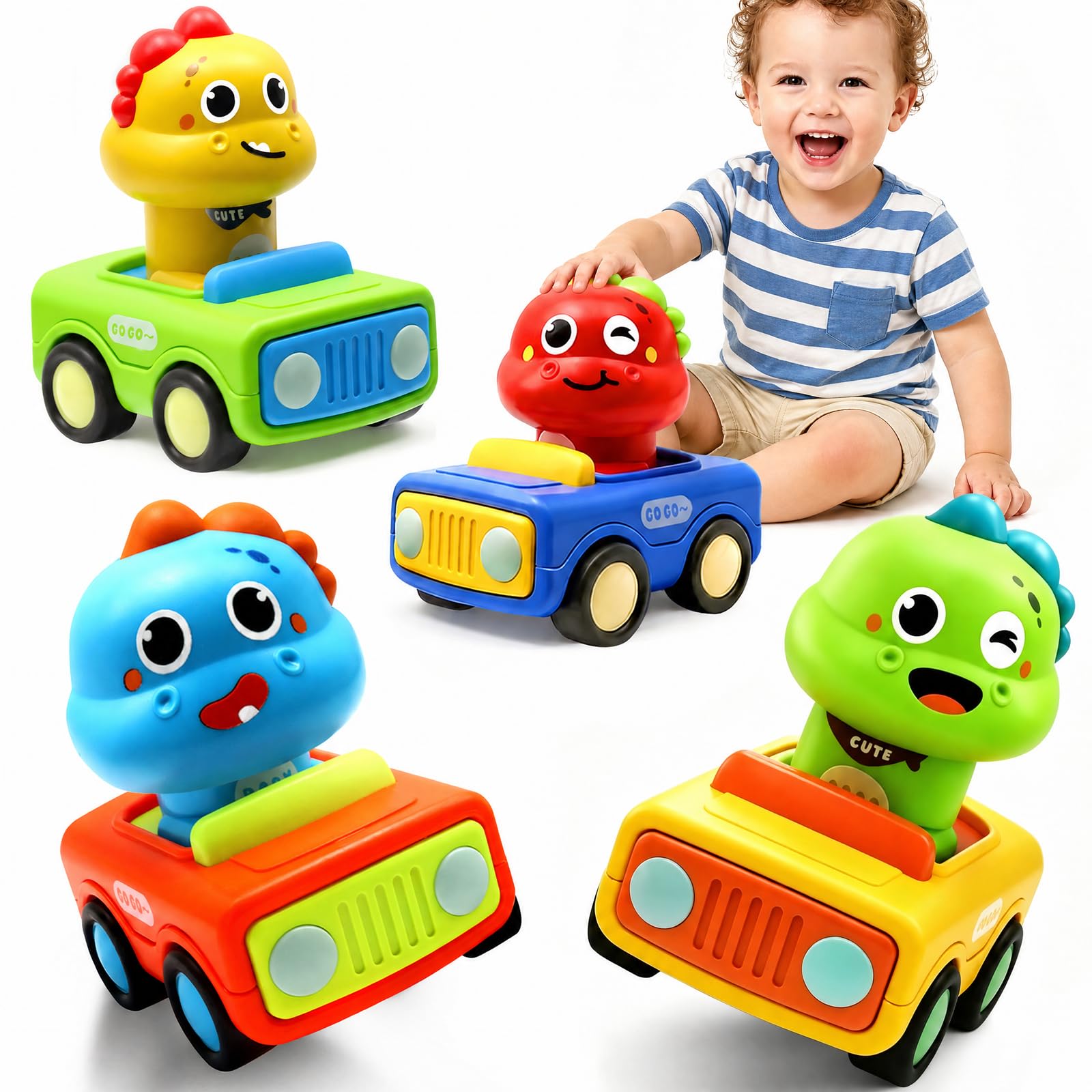 Pbooo Press to Go Car, Dinoaur Car Toys for Toddlers 1-3, Kids' Play Vehicles and Race Cars, Push Go Cars for 6-12-18 Month, Ideal Christmas