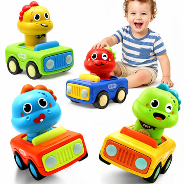 Pbooo Press to Go Car, Dinoaur Car Toys for Toddlers 1-3, Kids' Play Vehicles and Race Cars, Push Go Cars for 6-12-18 Month, Ideal Christmas