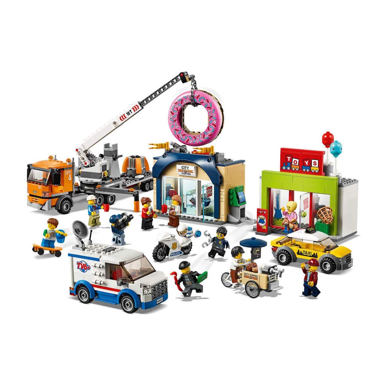LEGO City Donut Shop Opening 60233 Store Opening Build and Play with Toy Taxi, Van and Truck with Crane, Easy Build with Minifigures for Boys