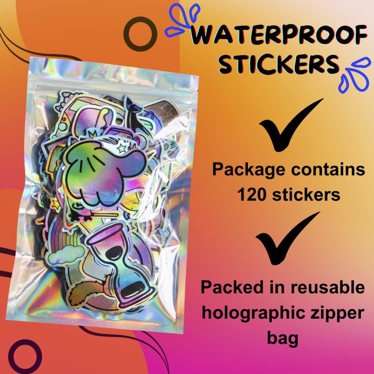 120PCS Rainbow Holographic Sticker Pack for Kids Teens - Waterproof Vinyl Cute Stickers for Water Bottles, Laptop, Skateboard, Phone, Journal