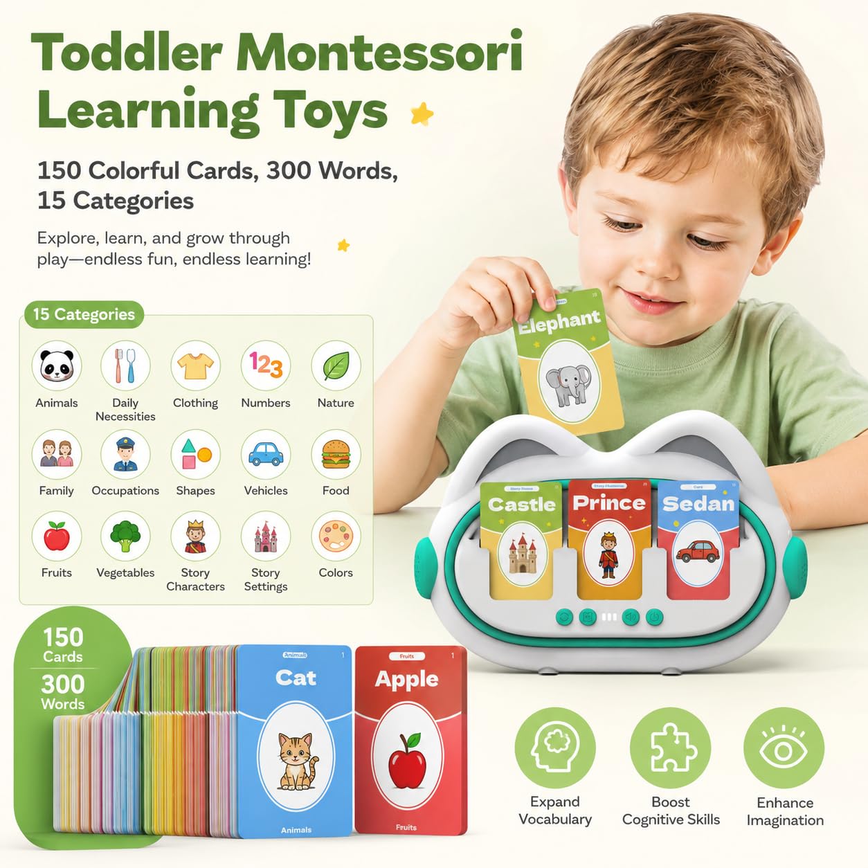 AI Storytelling Toy for Toddlers, Generate Unlimited Creative Stories with 3 Flash Cards, Screen-free Talking Card Reader, 150 Cards 300 Words