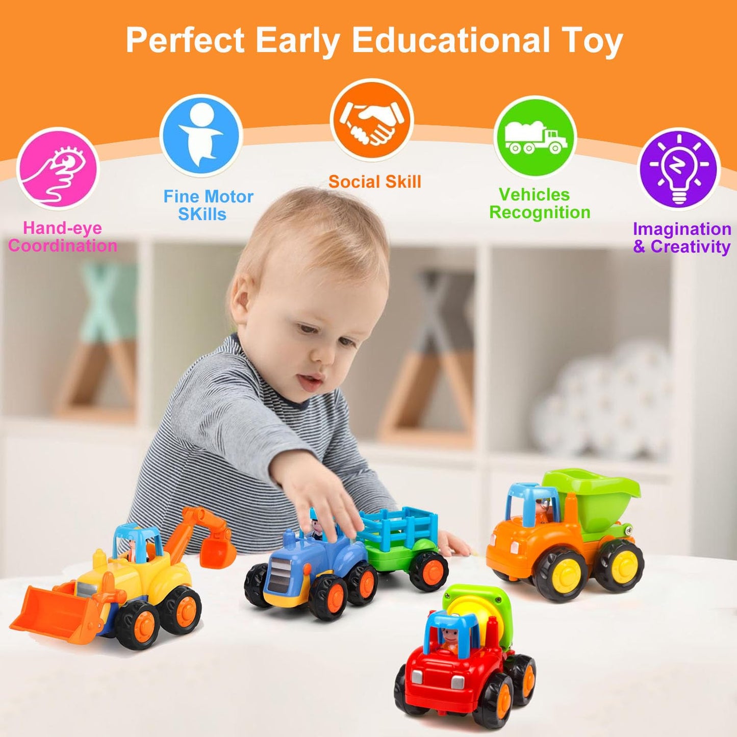 Yiosion Push and Go Friction Powered Cars Construction Vehicles Toy Set Tractor Bulldozer Mixer Truck Dumper for 1 2 3 Year Old Baby Toddlers Boys