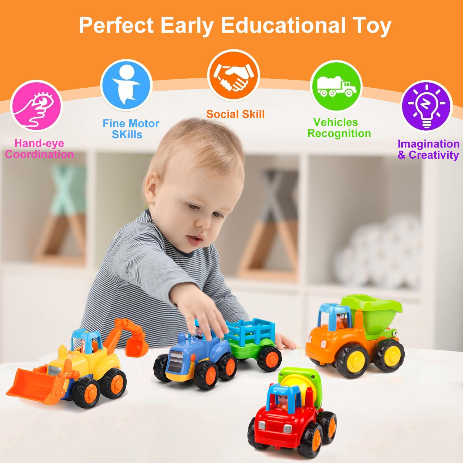 Yiosion Push and Go Friction Powered Cars Construction Vehicles Toy Set Tractor Bulldozer Mixer Truck Dumper for 1 2 3 Year Old Baby Toddlers Boys