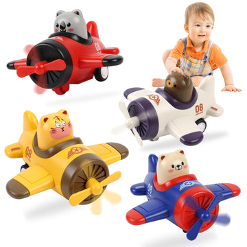 Airplane Toy Cars for Toddlers 1-3 - 4 Pack Press and Go Baby Car Toys, Push Airplanes with Rotating Propellers & Animal Drivers, Safe ABS Friction