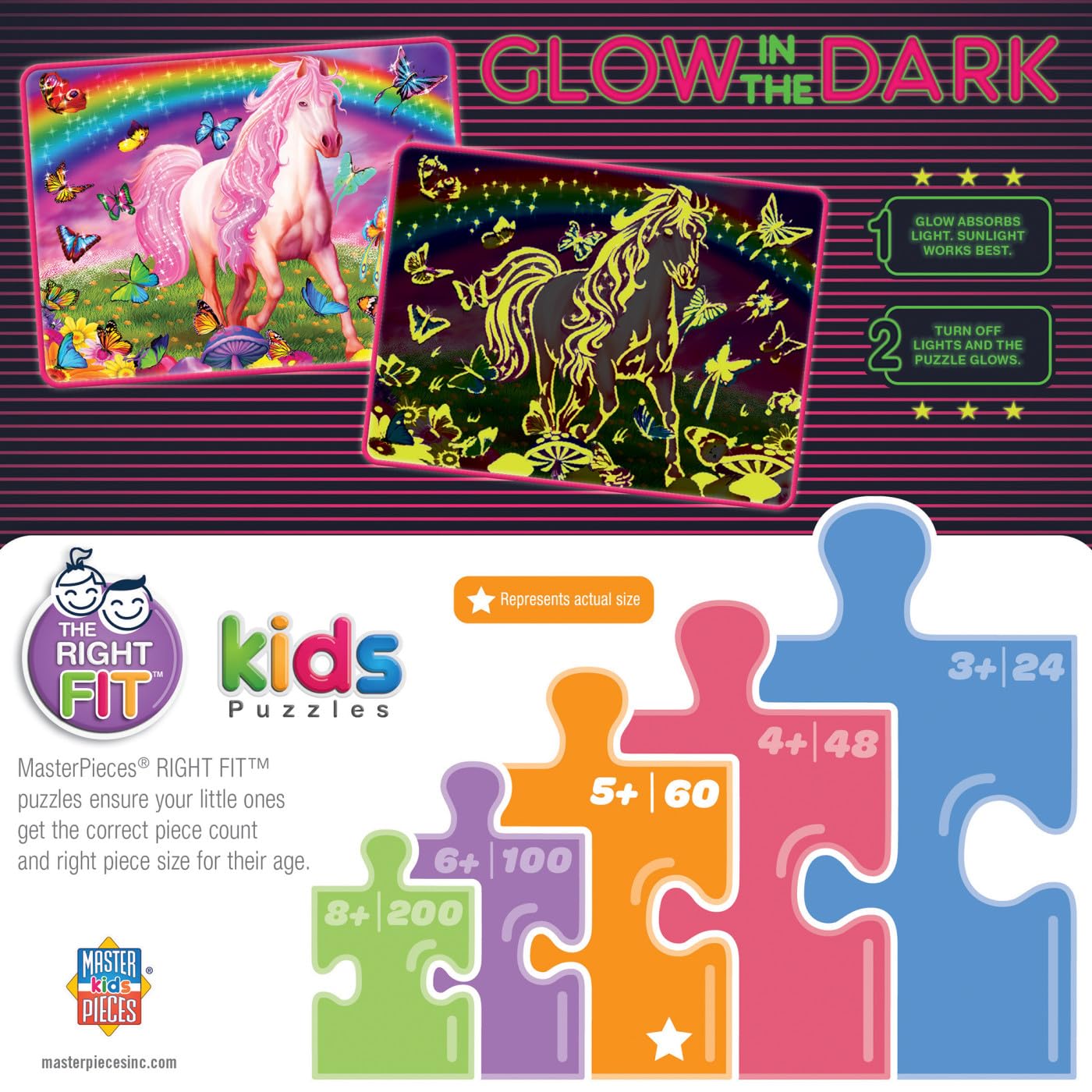 MasterPieces 60 Piece Glow in the Dark Fantasy Puzzle for Kids - Rainbow World - 14"x19" - Screen-Free Fun!