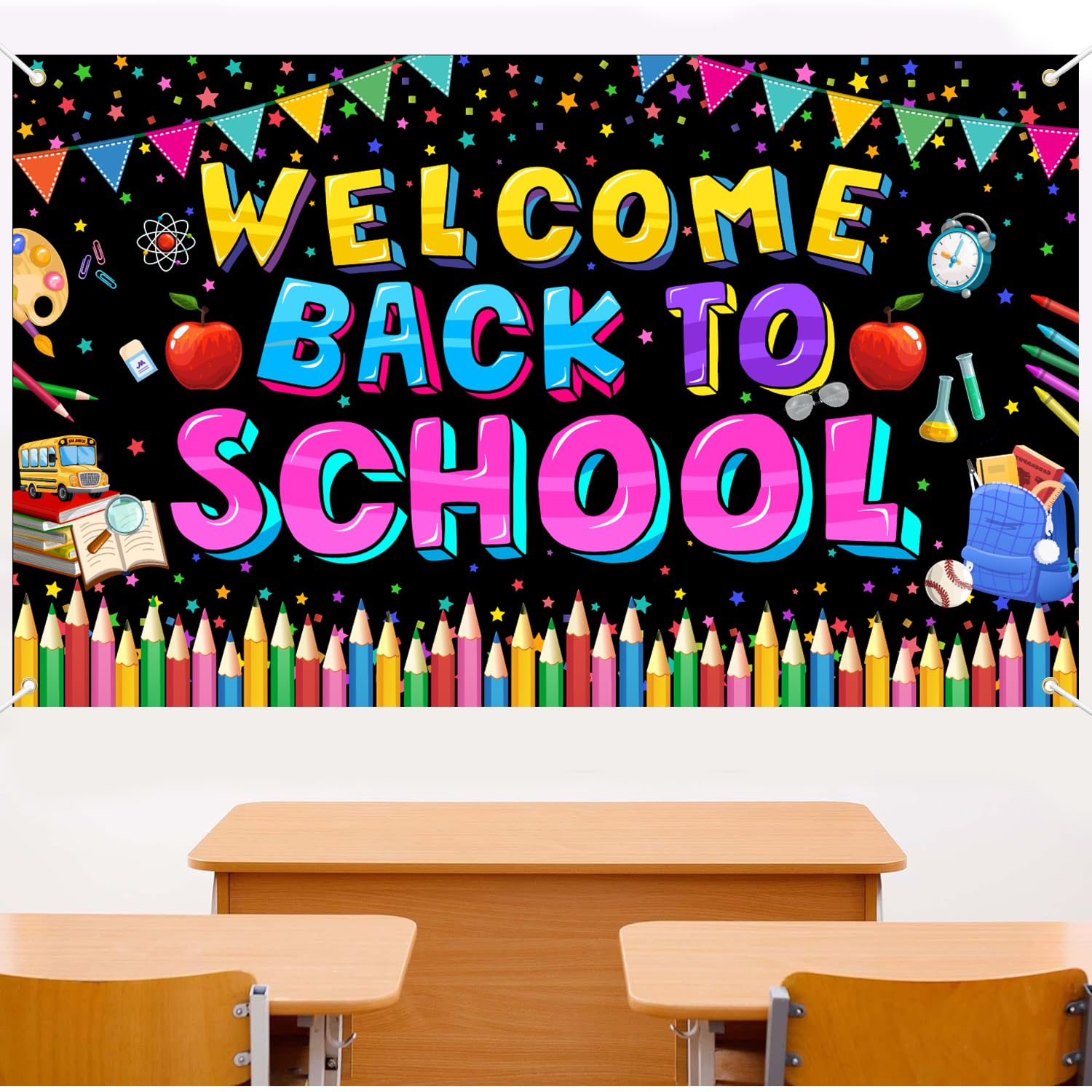 Fomoneyli Welcome Back to School Banner Backdrop, Back to School Decorations for Classroom School, First Day of School Banner Backdrop, Welcome Back