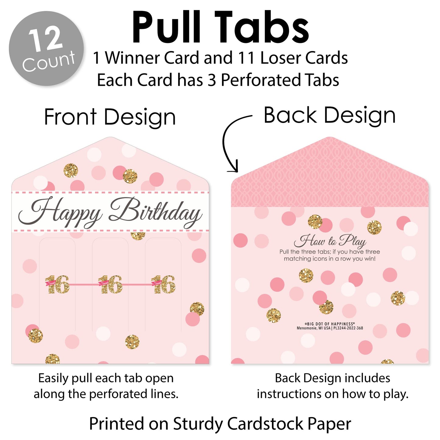 Big Dot of Happiness Sweet 16-16th Birthday Party Game Pickle Cards - Pull Tabs 3-in-a-Row - Set of 12