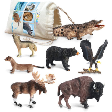 Volnau Safari Animal Figurines Toys 7PCS North America Figures Zoo Pack for Toddlers Kids Christmas Decoration Gift Preschool Educational Moose Wolf