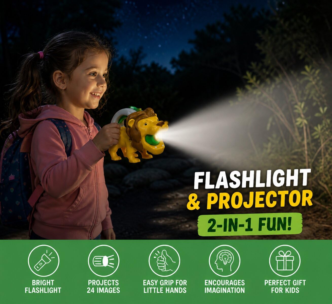 Kid Galaxy Flashlight & Projector - Lion Theme Toy, 2-in-1 Kids Flashlight with 3 Image Discs & 24 Color Pictures, Safari Animal Projection Toy