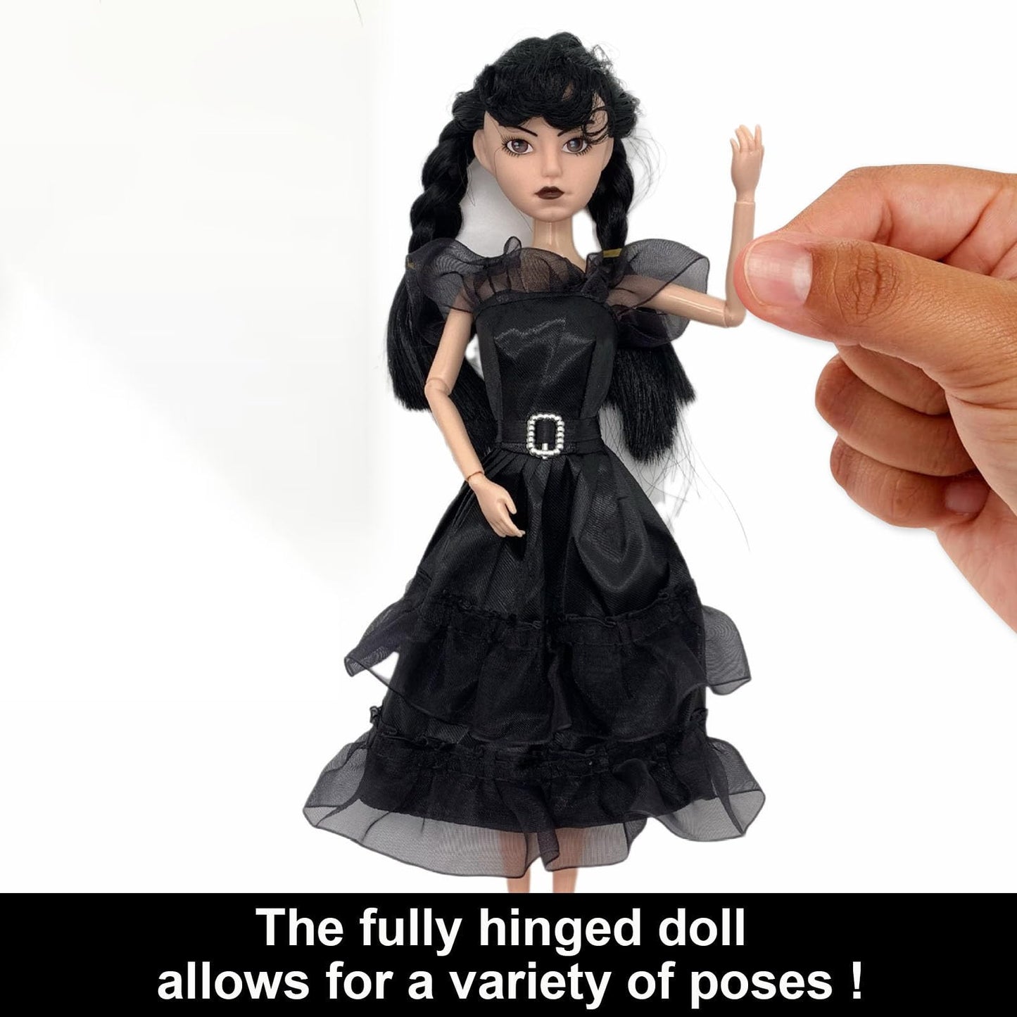 Outeat Addams Dolls for Girls, Addams Doll Black Dress, Ideal Halloween Christmas Birthday Gifts for Kids (A+Keychain)
