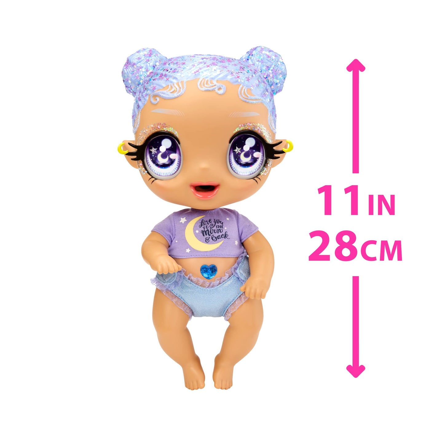 MGA Entertainment Glitter Babyz Selena Stargazer Baby Doll 3 Magical Color Changes, Pastel Purple Glitter Hair, Moon & Stars Outfit, Diaper, Bottle