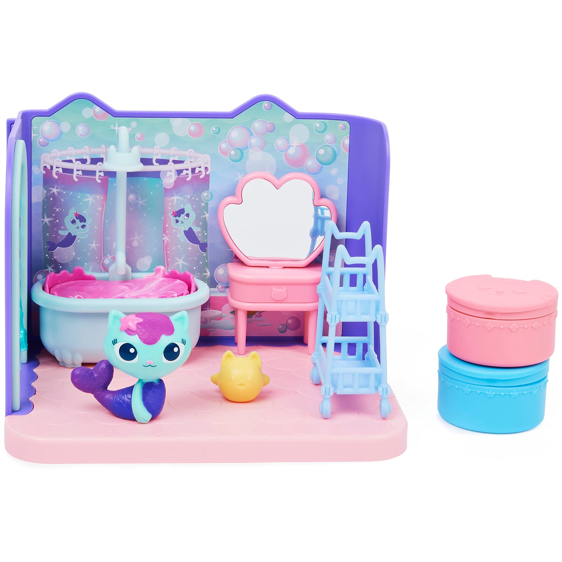 Gabby’s Dollhouse, Primp and Pamper Bathroom with Mercat Figure, 3 Accessories, 3 Furniture and 2 Deliveries, Kids Toys for Ages 3 and up