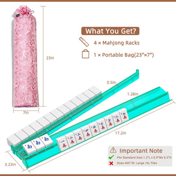 BASALTIX Mahjong Racks with Pushers - Set of 4 Clear Acrylic Mahjong Racks and Bag for American Mahjongg Accessories (Transparent)
