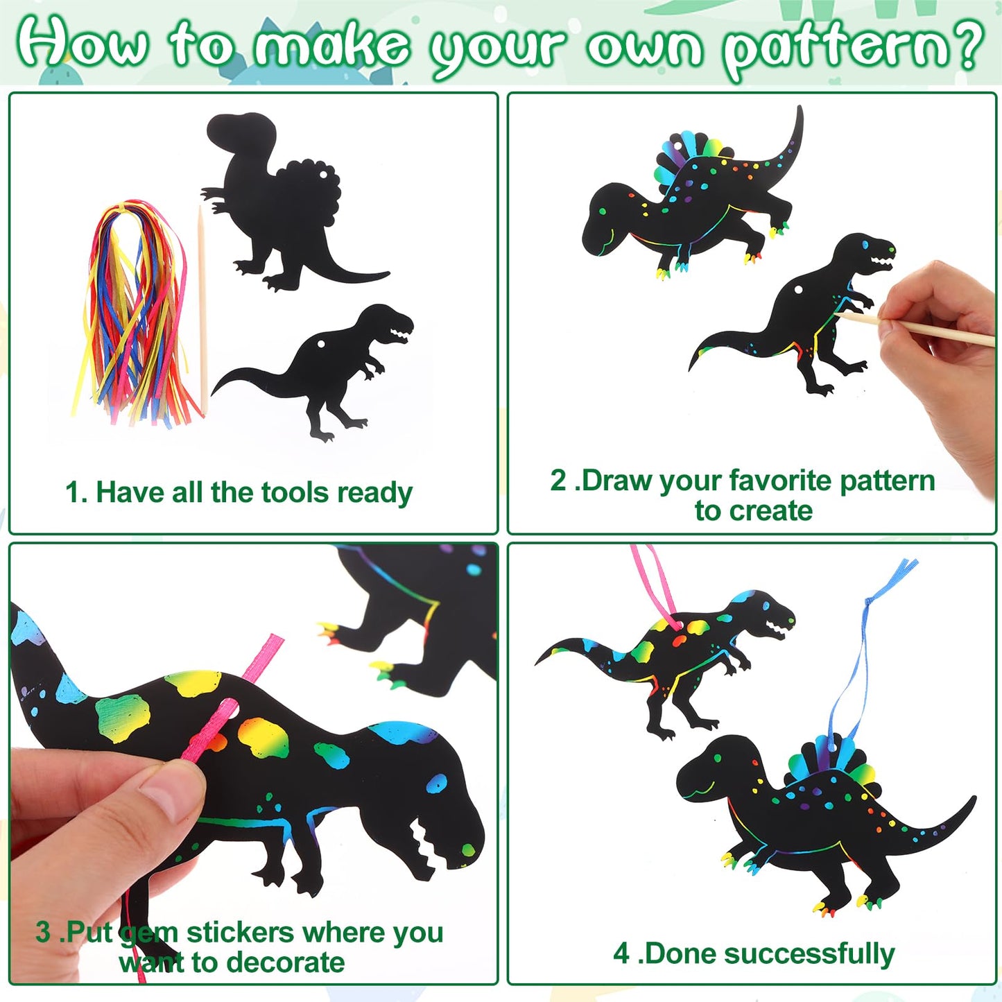 Droutti 64 Sets Dinosaur Theme Scratch Cards Rainbow Scratch Paper Dinosaur Crafts Art Card Kit DIY Scratch Dinosaur Paper with Wood Stylus and Ribbon