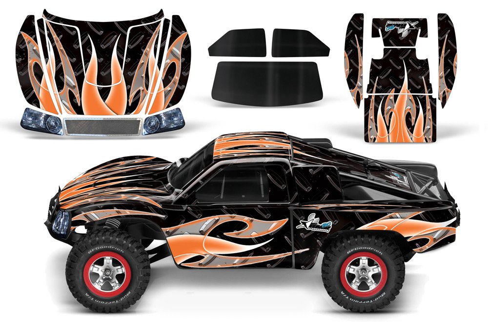 AMR Racing RC Graphics kit Sticker Decal Compatible with Traxxas Slash 1/10 #58034 and Slayer 1/10 #59074 - Tribal Flames - Orange Black