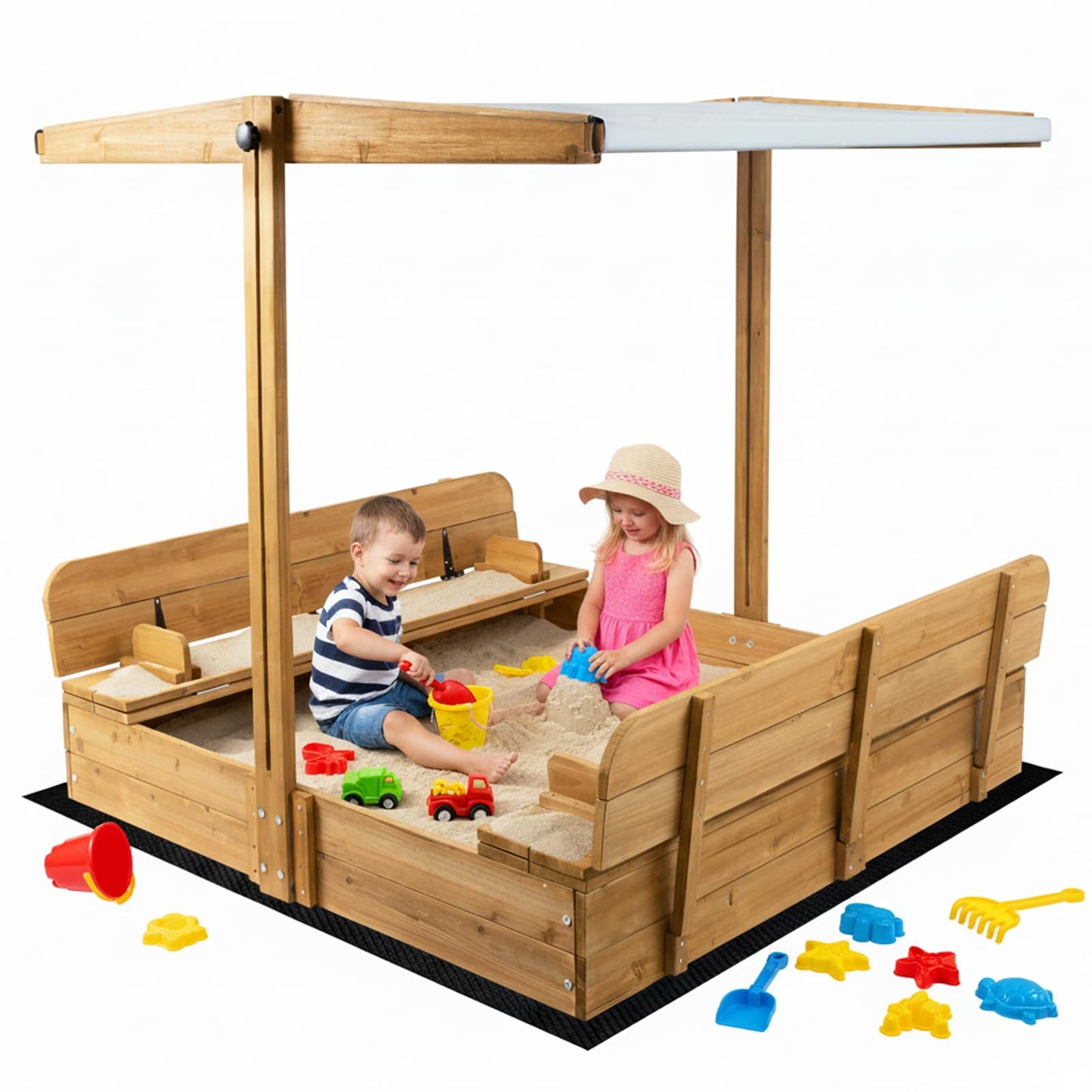 Mayugardening Large Wooden Kids Sandbox with Lid, Outdoor Weatherproof Sand Box with Covers, 2 Foldable Benches, Adjustable Height Canopy, Gift