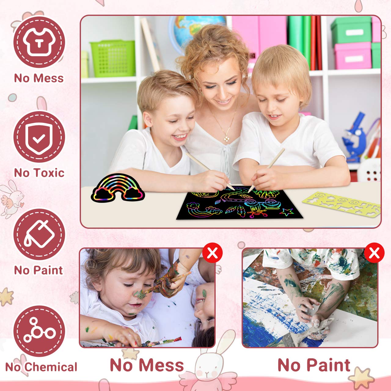 RMJOY Rainbow Scratch Paper Art for Kids: 50PCS Magic Arts Crafts Gifts Toys for Girls Boys Ages 3-12 Games Activities for Birthday Party Family Day