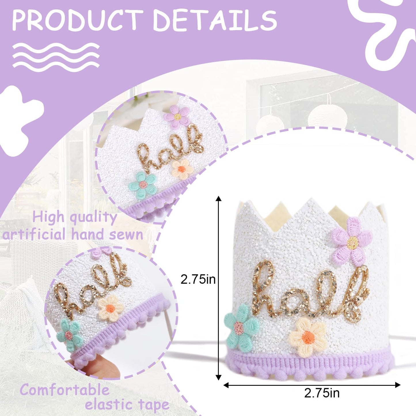 YOUAME Daisy Floral Half Birthday Hat - Flower Cake Smash Crown for 6 Month Baby, Half Way To One Party Crown, Sweet Mini Photo Prop