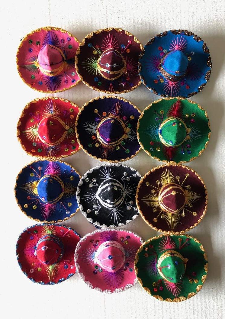 Set of 12 Mini Charro Hats, Party Decorations,6"Diameter, Mix Colors