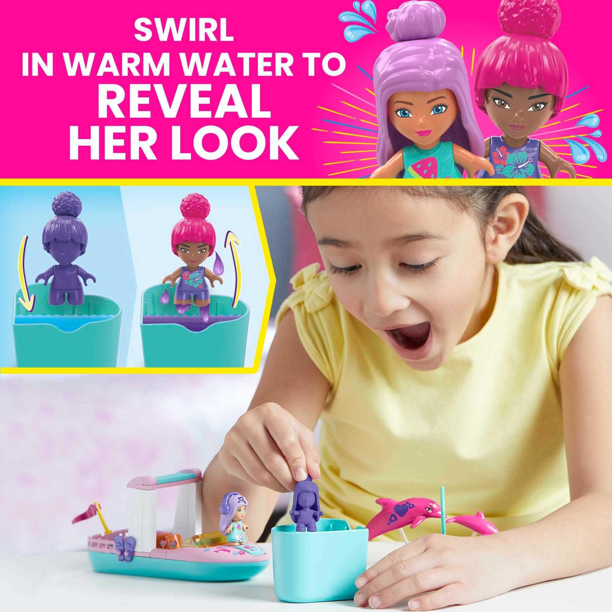 MEGA Barbie Color Reveal Dolphin Exploration Toy Building Set with 10+ Surprises, 2 Micro-Dolls and 2 Dolphins, Toy Gift Set for Girls and Boys, Ages
