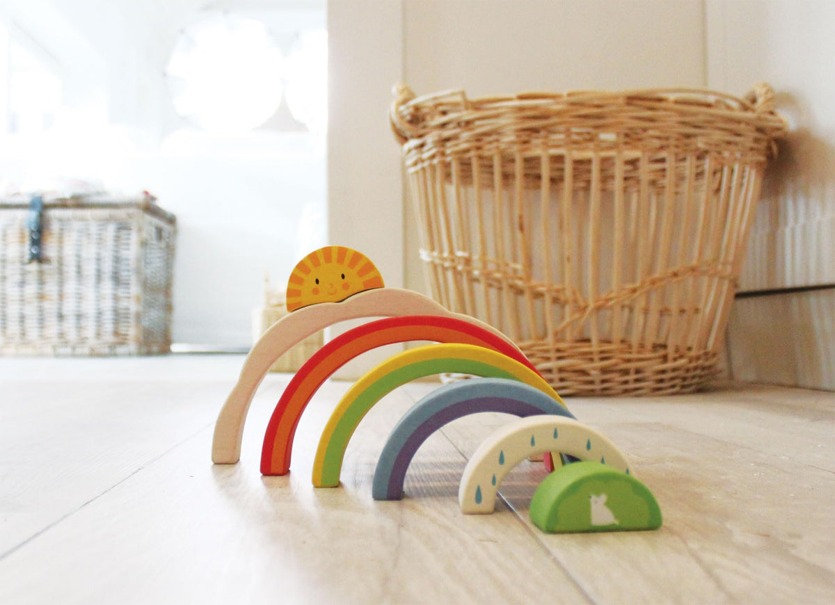 Tender Leaf Toys - Rainbow Tunnel - 7 Pcs Beautiful Wooden Rainbow Stacker - Colorful Rainbow Stacking Toy - Size and Color Recognition - Cognitive