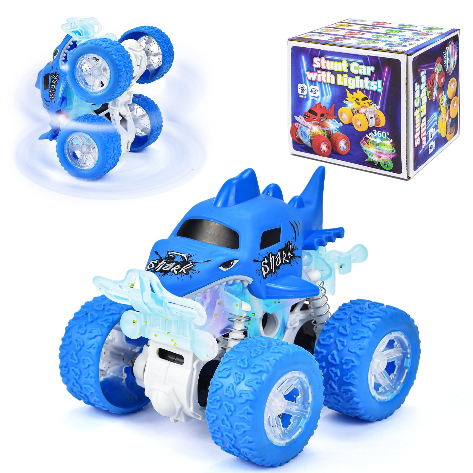 ZJYFPP Light-Up Shark Monster Truck Toys - Double-Directions Inertia Pull Back Vehicle - Birthday Gift for Toddlers, Boys & Girls Ages 3+ - Durable