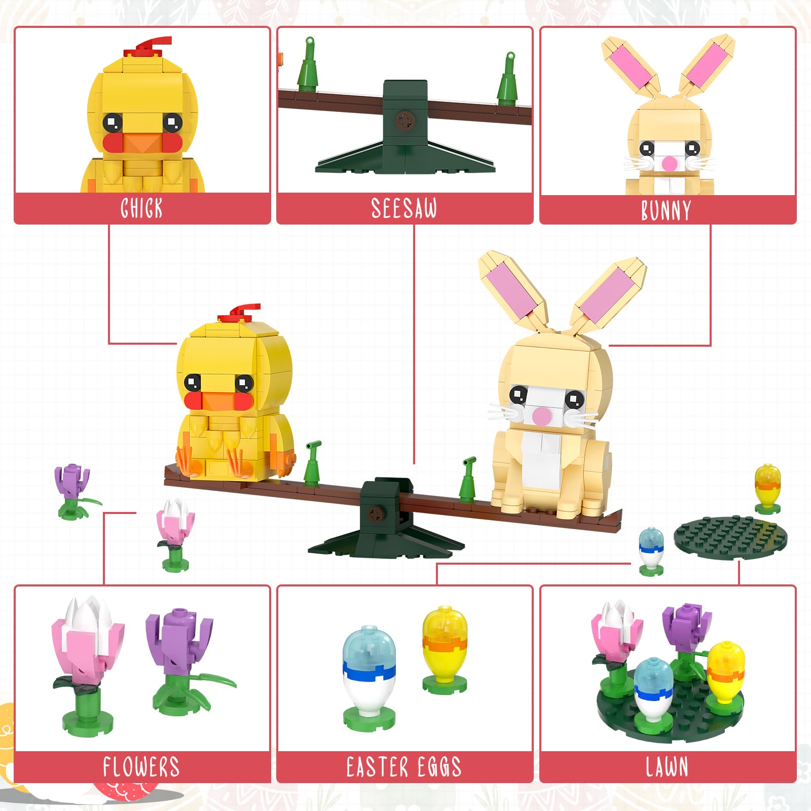Nubee Easter Bunny and Chick Building Set, Cute Animal Rabbit Chicken Sitting on The See-Saw, Perfect for Easter Basket Toys Gifts for Kids Boys or