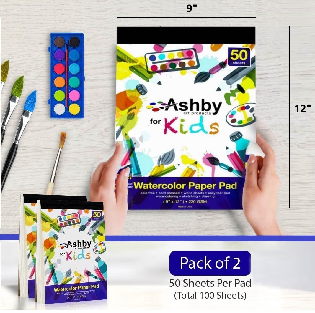100 Sheets - Watercolor Paper Pads (9"x12") - Premium Thick Pages (220 GSM) - Also Great for Drawing, Finger Painting & Sketching; Easy Tear Design
