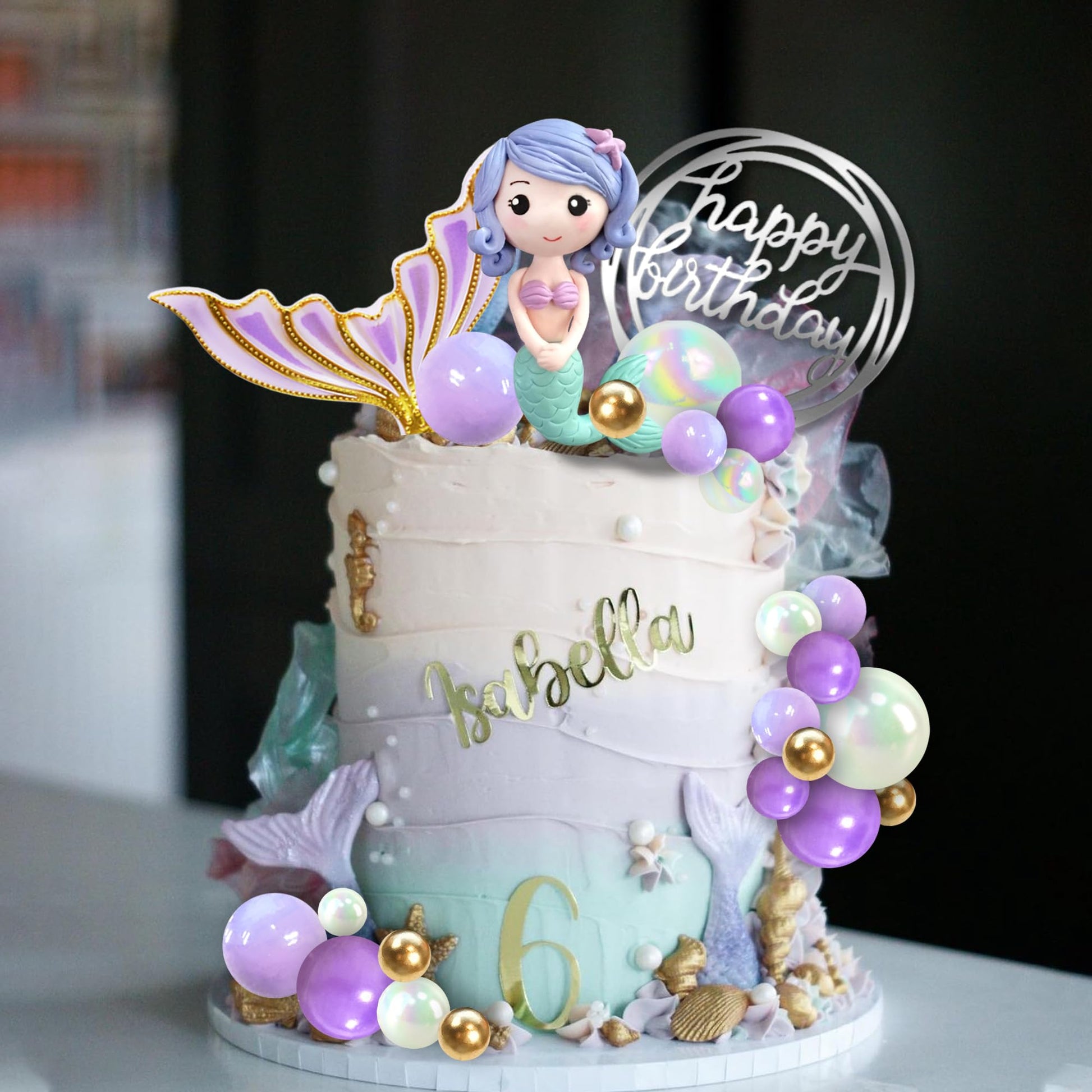Mermaid Cake Toppers Under the Sea Tail Cake Decorations Gold Purple Pearl Ball for Mermaid Theme Birthday Supplies (Style 2)
