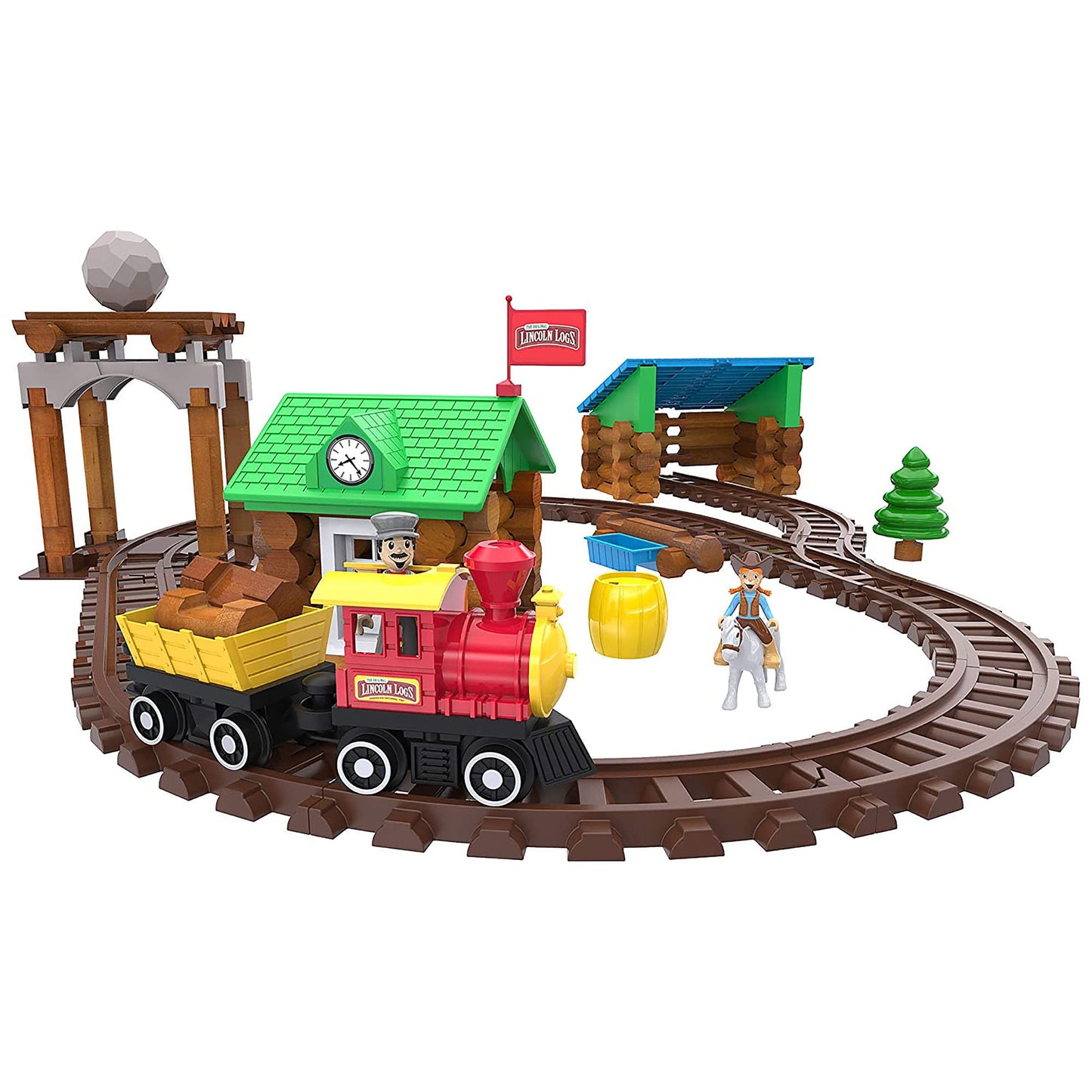 LINCOLN LOGS-Sawmill Express Train - 101 Parts - Real Wood Logs - Buildable Train Track-Ages 3+ - Best Retro Building Gift Set for Boys/Girls-Creative