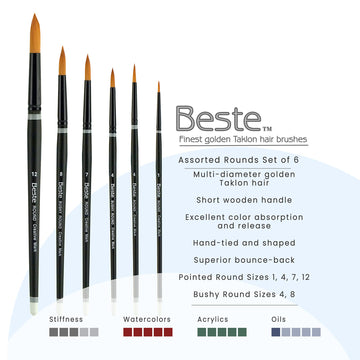 Creative Mark Beste Golden Taklon Assorted Round Set of 6 Artist Brush, Professional Watercolor Brushes, for Acrylic Painting, Short Handle, Sharp