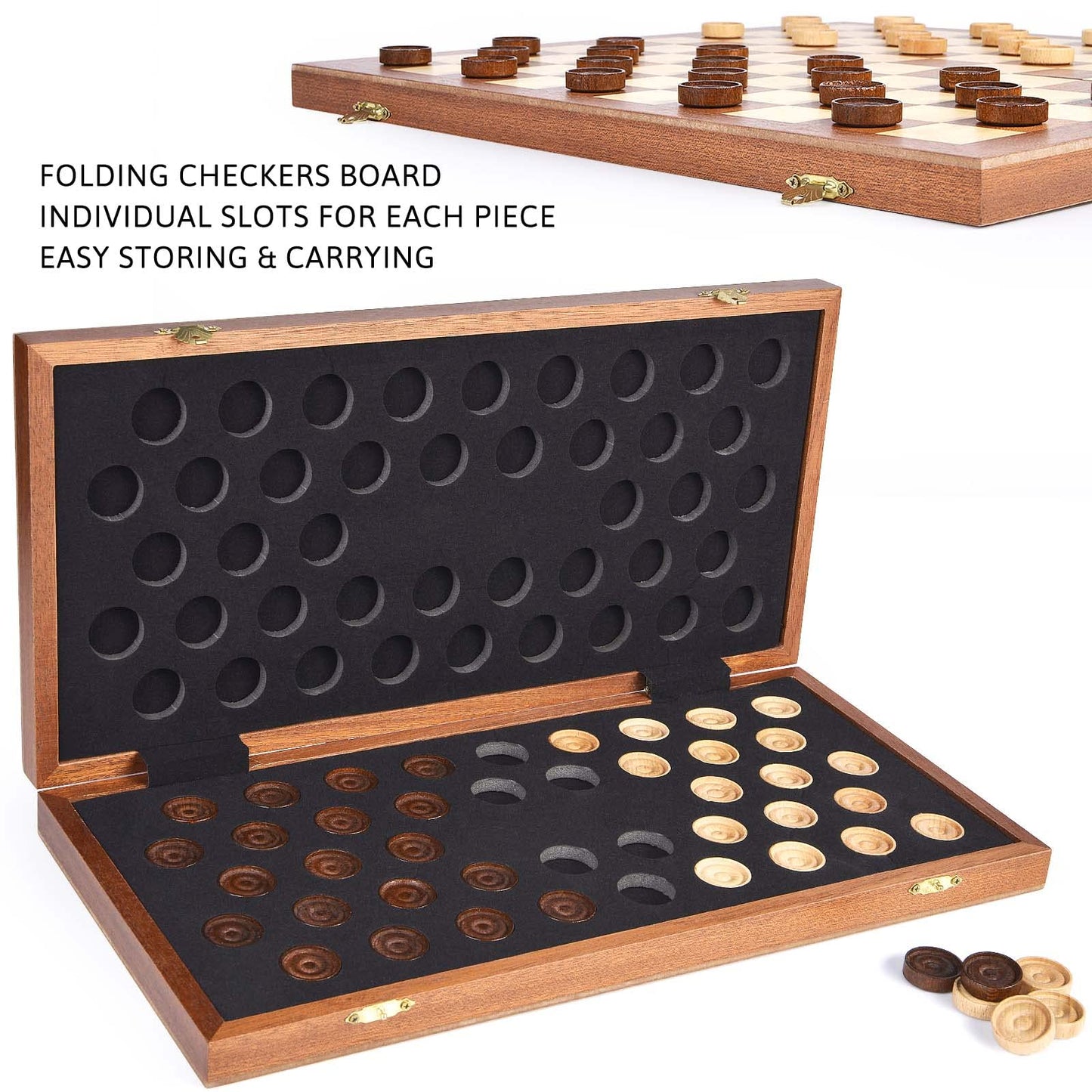 VAMSLOVE 15inch Checkers Folding Wooden Game Set, 100 Square Checkerboard International Checkers Draughts Board 10x10 for Kids with Pieces Storage