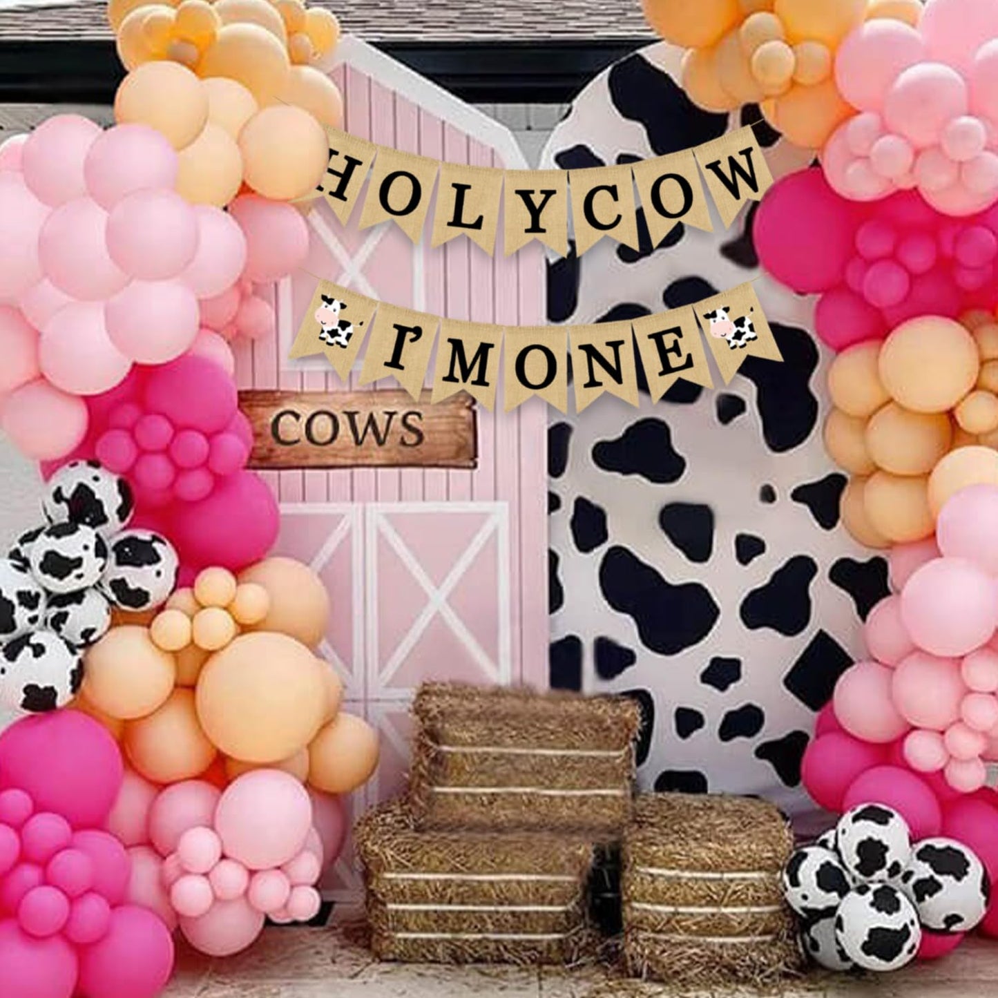 Holy Cow I'm One Banner Farm 1st Birthday Party Decoration Barnyard Burlap Garlands Western Boy Girl First Birthday Supplies Black