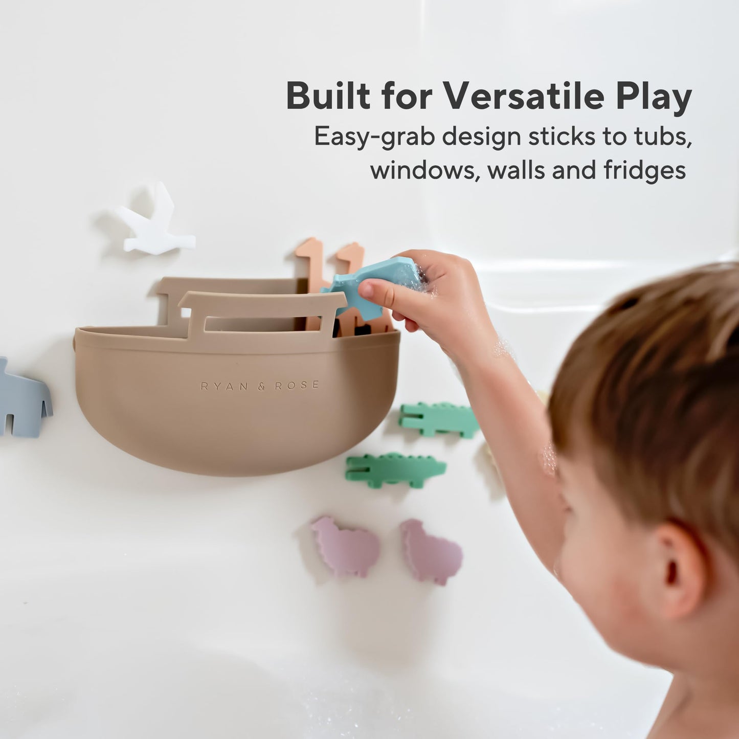 Noah's Ark Suction Toys - 1 Ark, 14 Animals (7 Pairs) - Toddler Bath Toys, Baptism Gifts for Boys, Mold Free No Hole Silicone