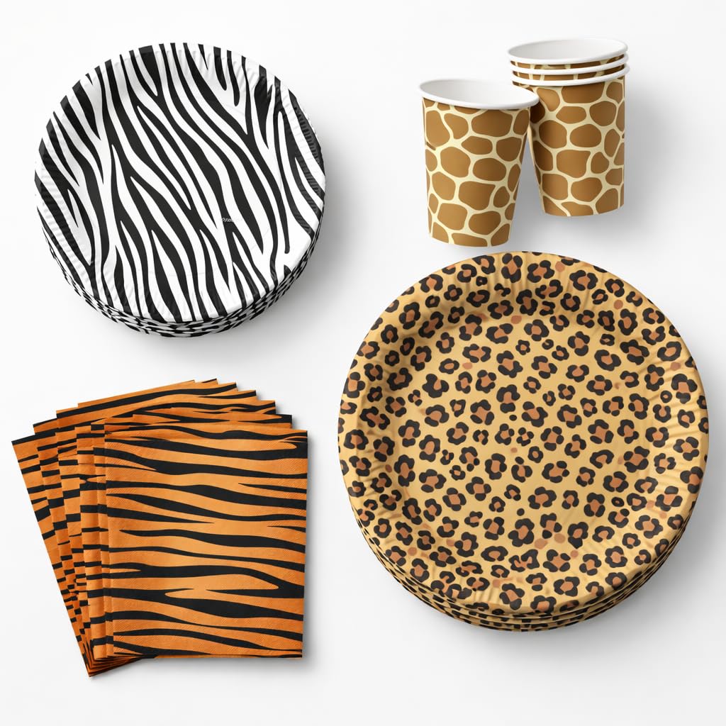 Serves 30 Guest Jungle Safari Zoo Animal Print Birthday Party Supplies Pack 9" Dinner Plates 7" Dessert Plates 12 oz Cups Napkins Zoo Animal Print