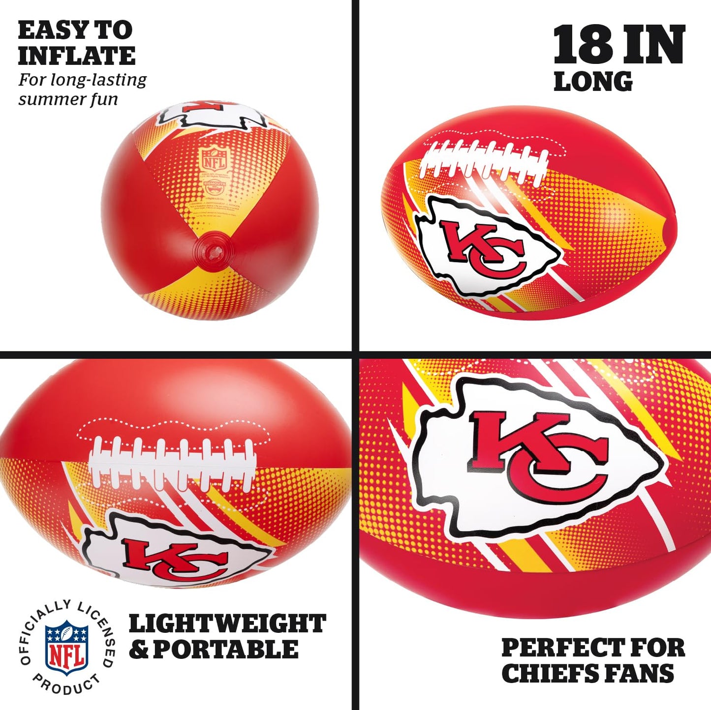 NFL 18" Inflatable Football, Officially Licensed Team Beach Ball for Pool Party Games - Kansas City Chiefs
