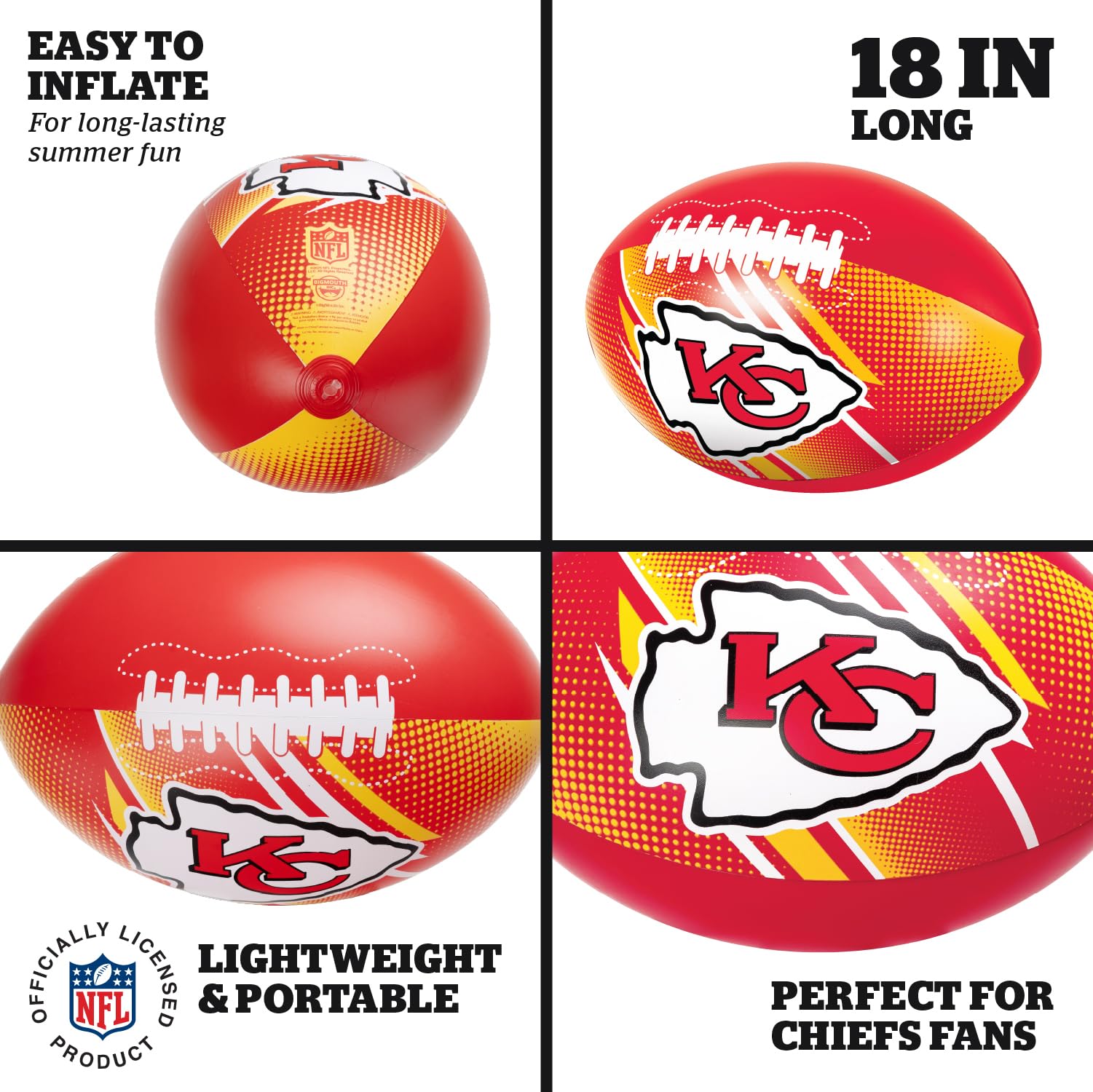 NFL 18" Inflatable Football, Officially Licensed Team Beach Ball for Pool Party Games - Kansas City Chiefs