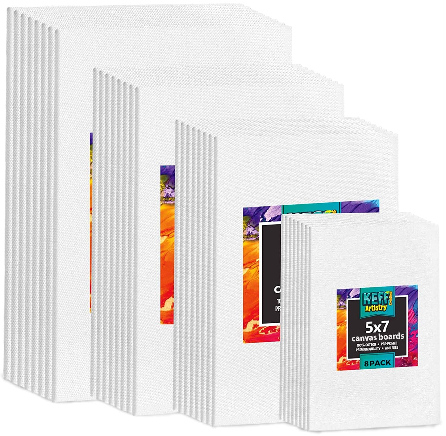 KEFF 32-Pack Bulk Canvas for Painting, 8 of 5x7, 8x10, 9x12, 11x14 Canvas Boards for Painting, Art Supplies for Adults & Kids - 100% Cotton Primed