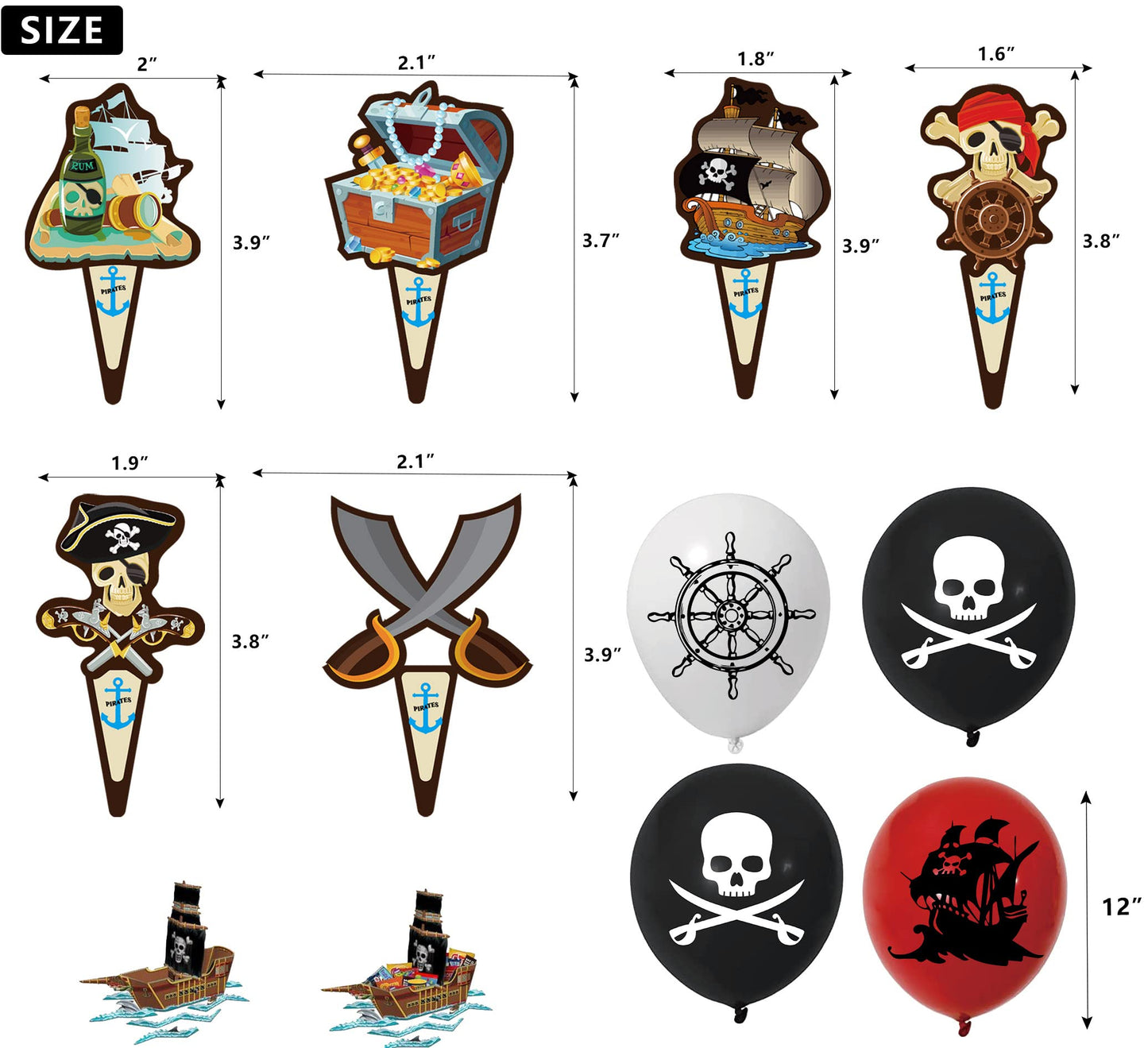 Pirate Party Decorations - Pirate Birthday Banner, Balloons, Cake Toppers & Hanging Swirls for Men, Boys & Kids
