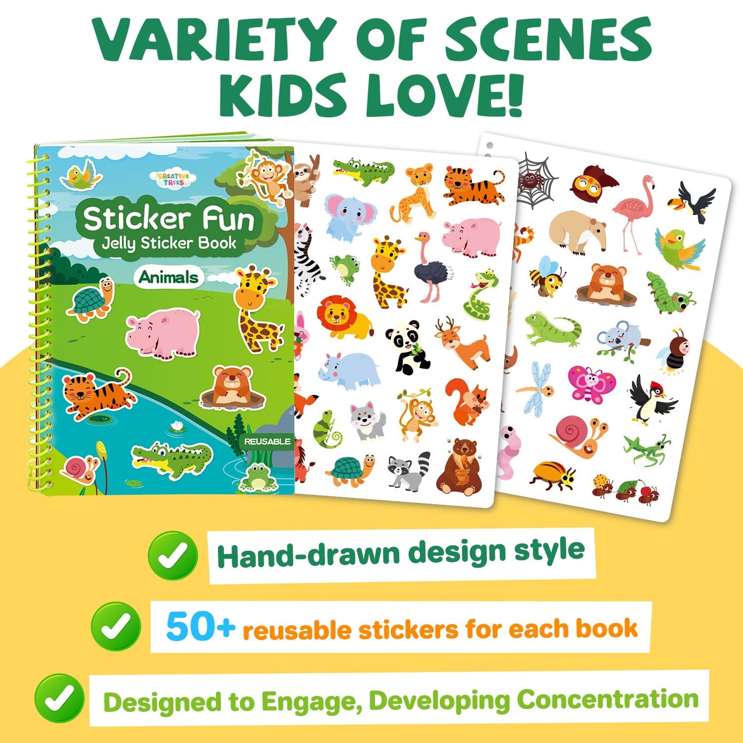 CREATIVETREES Jelly Sticker Book for Kids 3-6 Years, Reusable Large Sticker Book for Toddlers, Easy to Clean Waterproof, Road Activity for Kids