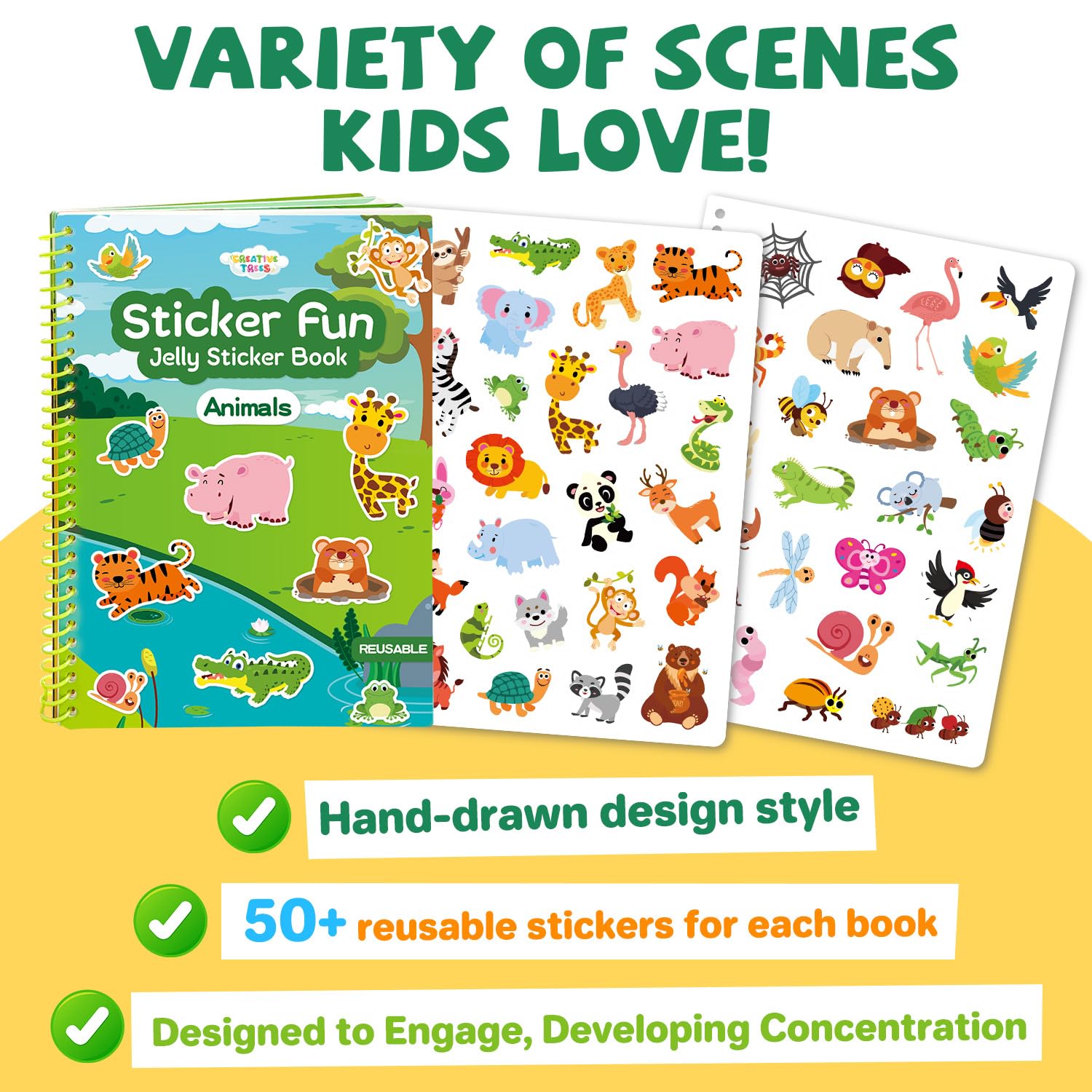 CREATIVETREES Jelly Sticker Book for Kids 3-6 Years, Reusable Large Sticker Book for Toddlers, Easy to Clean Waterproof, Road Activity for Kids