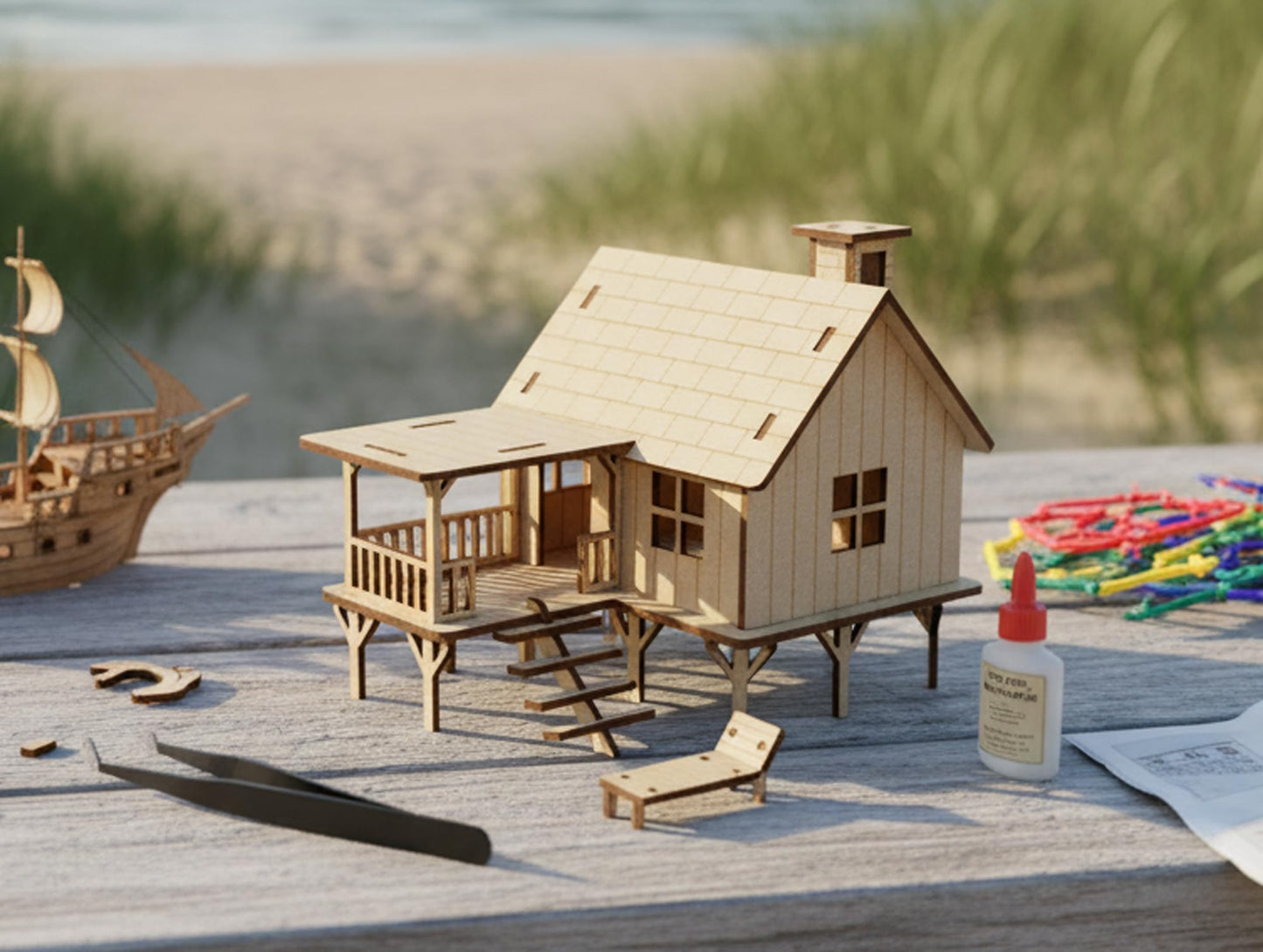 StonKraft Wooden 3D Puzzle Beach House - Home Decor, Construction Toy, Modeling Kit, School Project - Easy to Assemble
