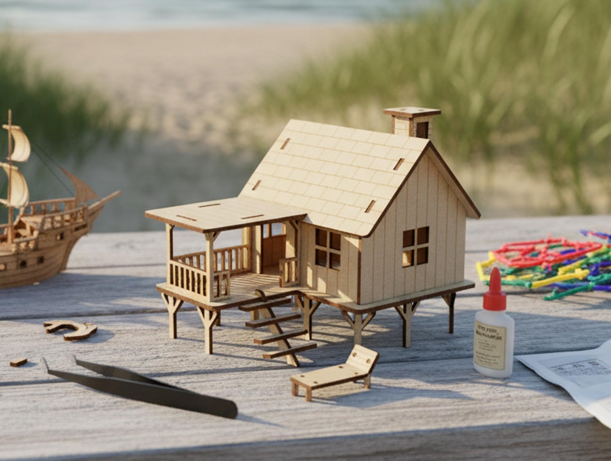 StonKraft Wooden 3D Puzzle Beach House - Home Decor, Construction Toy, Modeling Kit, School Project - Easy to Assemble