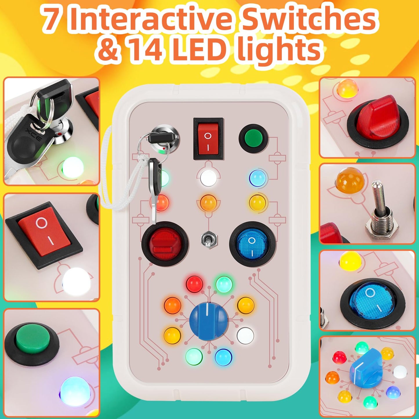 DINOTIME Busy Board, Montessori Educational Toy for 1 2 3 Years Old with LED Light, Travel Toys for 1+ Year Old Toddler Baby